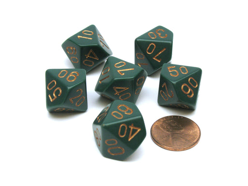 Opaque 16mm Tens D10 (00-90) Chessex Dice, 6 Pieces - Dusty Green with Copper