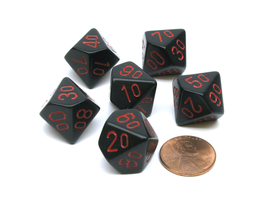 Opaque 16mm Tens D10 (00-90) Chessex Dice, 6 Pieces - Black with Red Numbers