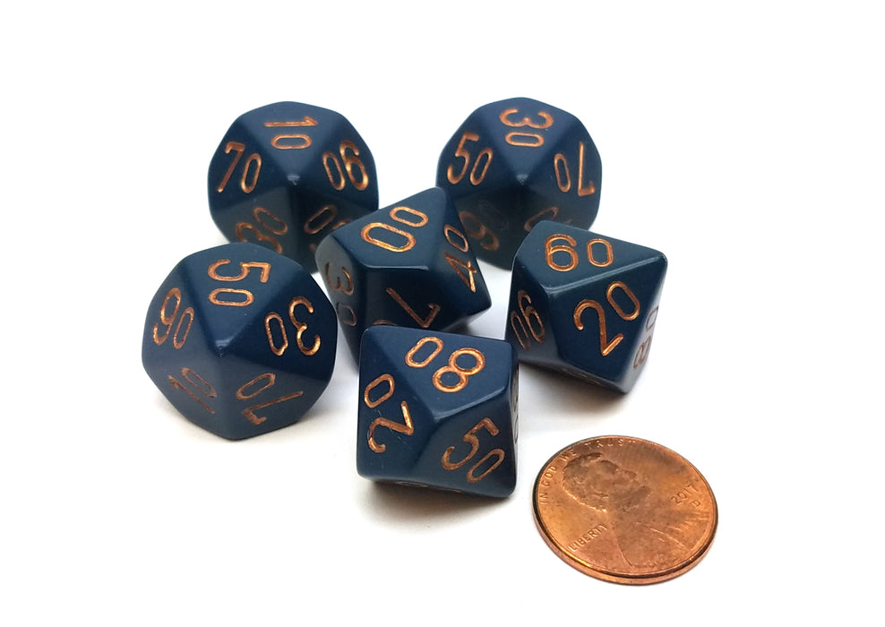 Opaque 16mm Tens D10 (00-90) Dice, 6 Pieces - Dusty Blue with Copper Numbers