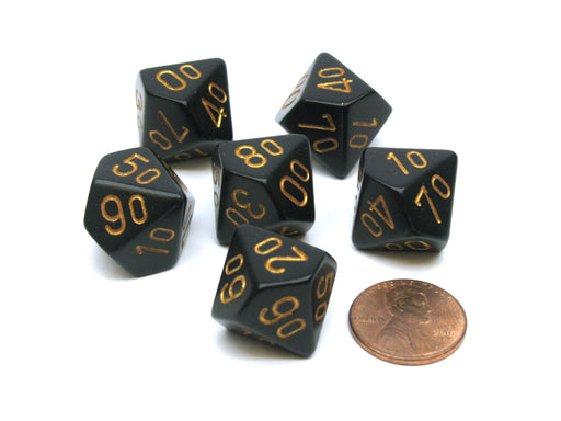 Opaque 16mm Tens D10 (00-90) Chessex Dice, 6 Pieces - Black with Gold Numbers