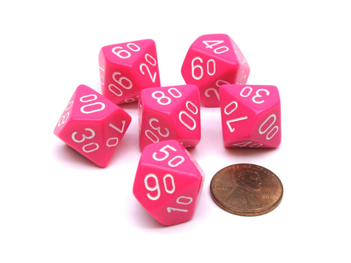 Opaque 16mm Tens D10 (00-90) Chessex Dice, 6 Pieces - Pink with White Numbers