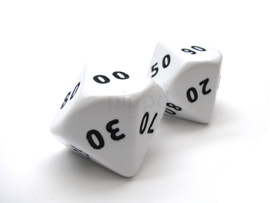 Opaque Jumbo 10 Sided D10 Chessex Tens Dice, 2 Pieces - White with Black Numbers