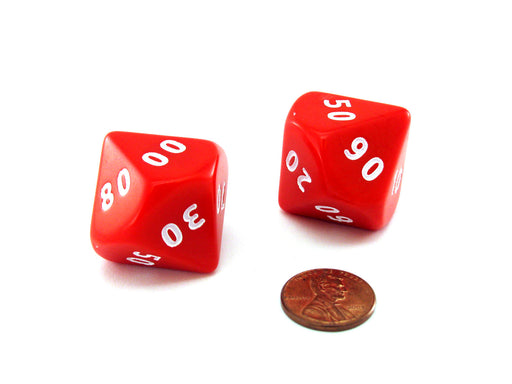 Opaque Jumbo 10 Sided D10 Chessex Tens Dice, 2 Pieces - Red with White Numbers