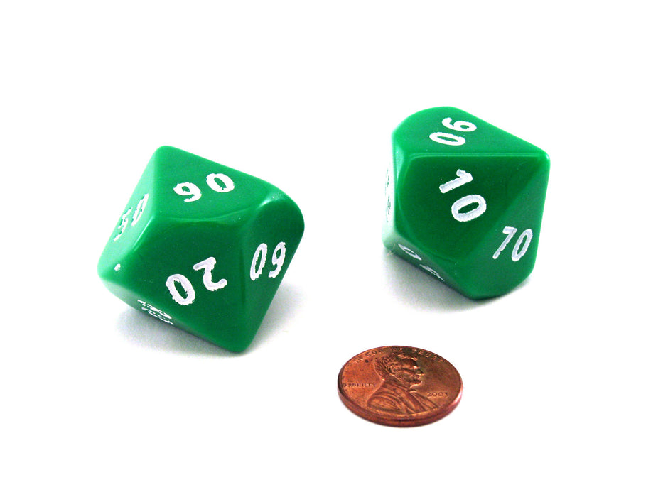Opaque Jumbo 10 Sided D10 Chessex Tens Dice, 2 Pieces - Green with White Numbers