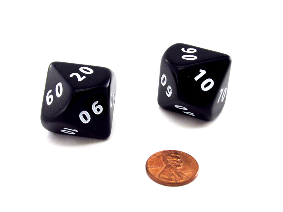 Opaque Jumbo 10 Sided D10 Chessex Tens Dice, 2 Pieces - Black with White Numbers