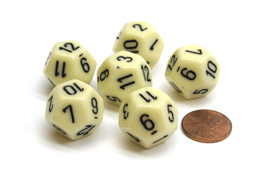 Opaque 18mm 12 Sided D12 Chessex Dice, 6 Pieces - Ivory with Black