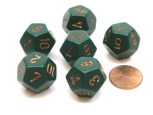 Opaque 18mm 12 Sided D12 Chessex Dice, 6 Pieces - Dusty Green with Copper