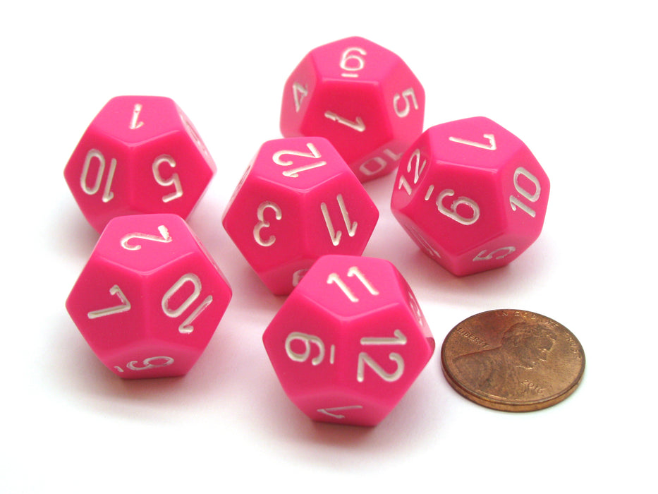 Opaque 18mm 12 Sided D12 Chessex Dice, 6 Pieces - Pink with White