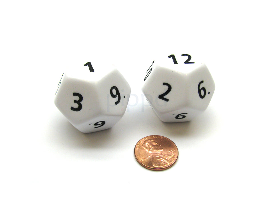 Opaque Jumbo 12 Sided D12 Chessex Dice, 2 Pieces - White with Black Numbers