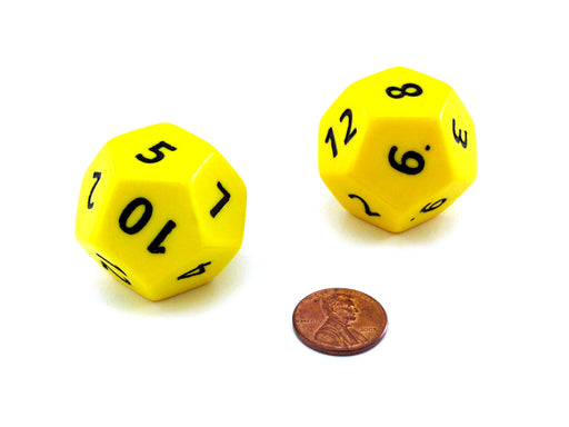 Opaque Jumbo 12 Sided D12 Chessex Dice, 2 Pieces - Yellow with Black Numbers