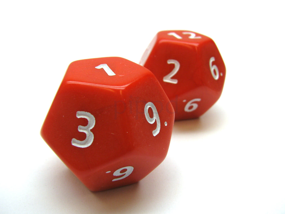 Opaque Jumbo 12 Sided D12 Chessex Dice, 2 Pieces - Red with White Numbers