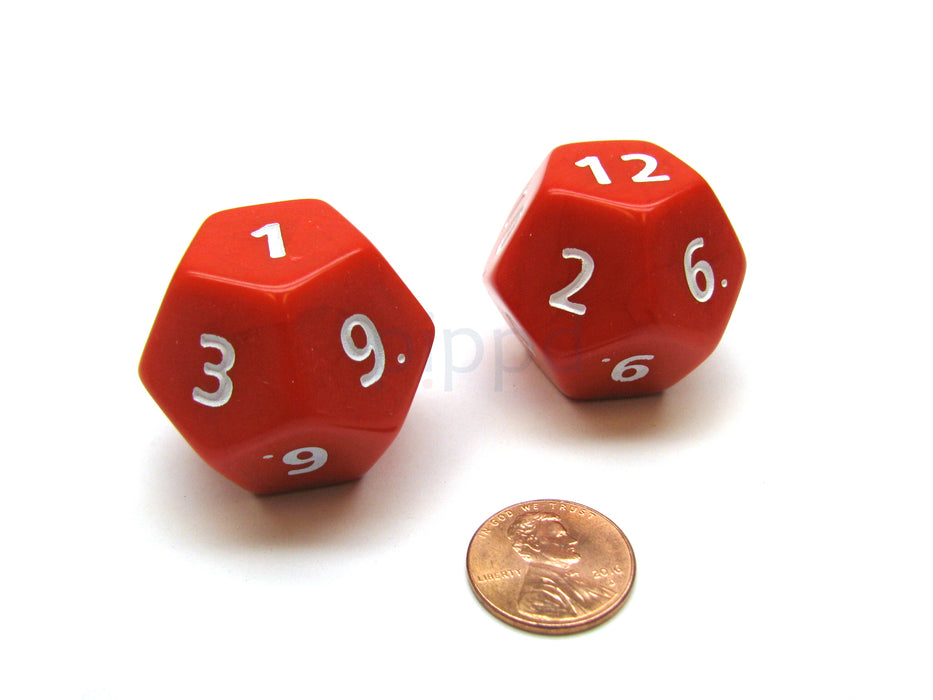 Opaque Jumbo 12 Sided D12 Chessex Dice, 2 Pieces - Red with White Numbers