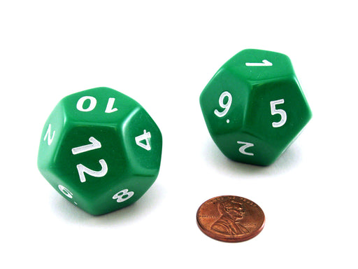 Opaque Jumbo 12 Sided D12 Chessex Dice, 2 Pieces - Green with White Numbers