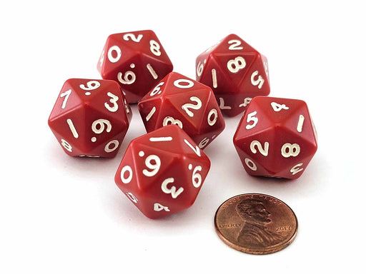 Opaque 20-Sided D10 Dice Numbered 0-9 Twice, 6 Pieces - Red with White Numbers