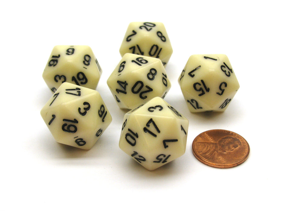 Opaque 20mm 20 Sided D20 Chessex Dice, 6 Pieces - Ivory with Black Numbers