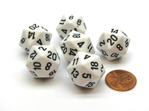 Opaque 20mm 20 Sided D20 Chessex Dice, 6 Pieces - White with Black Numbers