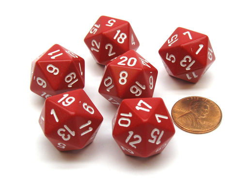 Opaque 20mm 20 Sided D20 Chessex Dice, 6 Pieces - Red with White Numbers