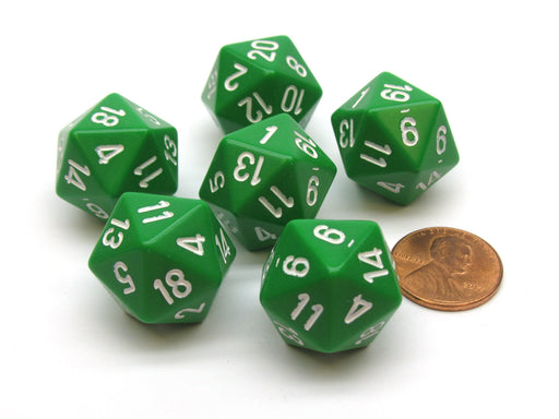 Opaque 20mm 20 Sided D20 Chessex Dice, 6 Pieces - Green with White Numbers