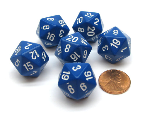 Opaque 20mm 20 Sided D20 Chessex Dice, 6 Pieces - Blue with White Numbers