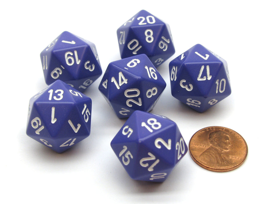 Opaque 20mm 20 Sided D20 Chessex Dice, 6 Pieces - Purple with White Numbers
