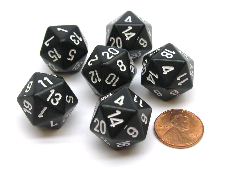 Opaque 20mm 20 Sided D20 Chessex Dice, 6 Pieces - Black with White Numbers