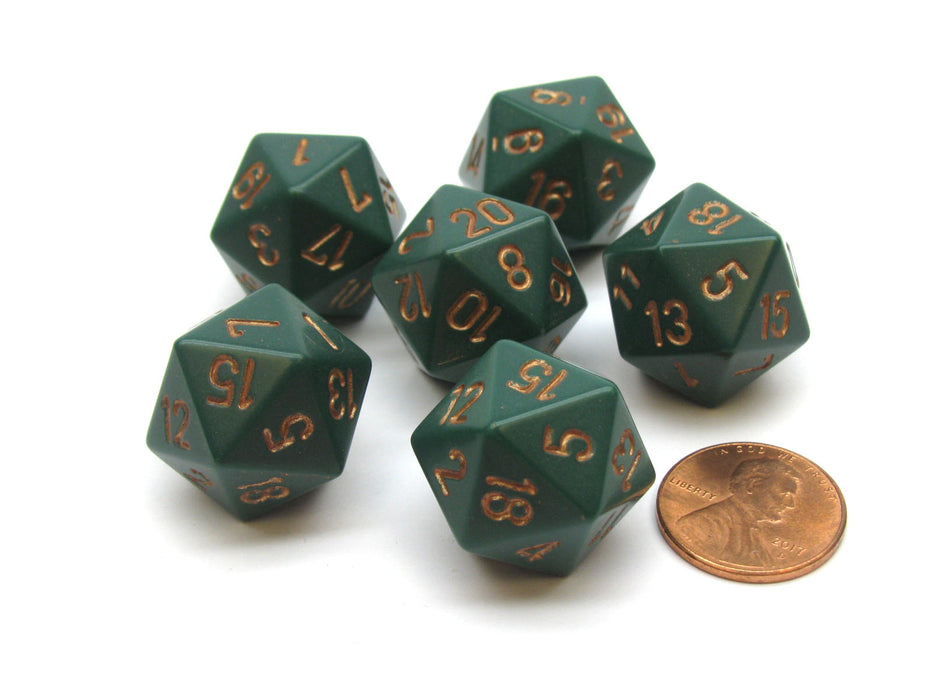 Opaque 20mm 20 Sided D20 Chessex Dice, 6 Pieces - Dusty Green with Copper