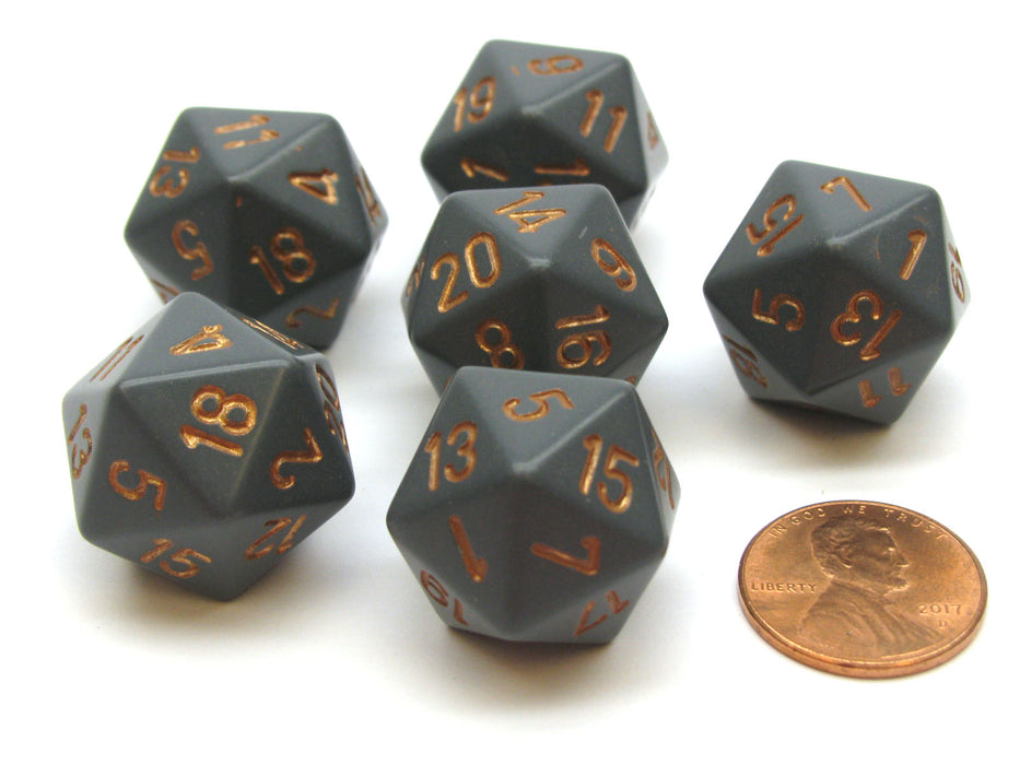 Opaque 20mm 20 Sided D20 Chessex Dice, 6 Pieces - Dark Grey with Copper Numbers