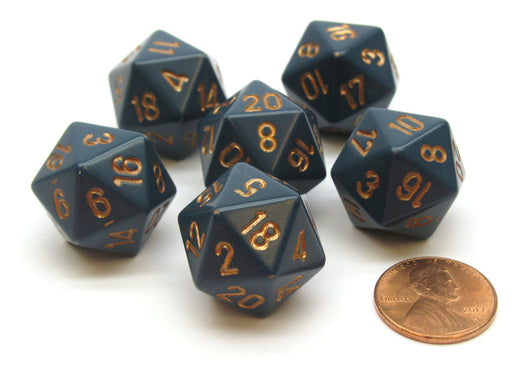 Opaque 20mm 20 Sided D20 Chessex Dice, 6 Pieces - Dusty Blue with Copper Numbers