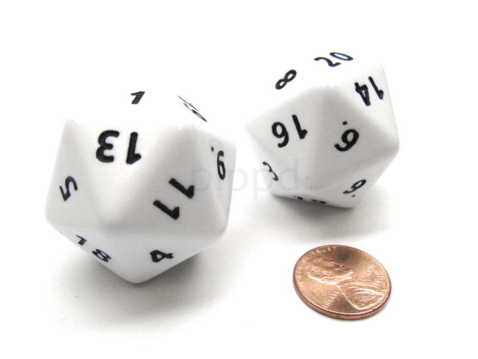 Opaque Jumbo 20 Sided D20 Chessex Dice, 2 Pieces - White with Black Numbers
