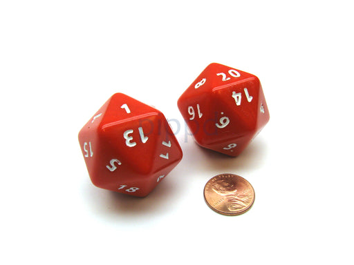 Opaque Jumbo 20 Sided D20 Chessex Dice, 2 Pieces - Red with White Numbers