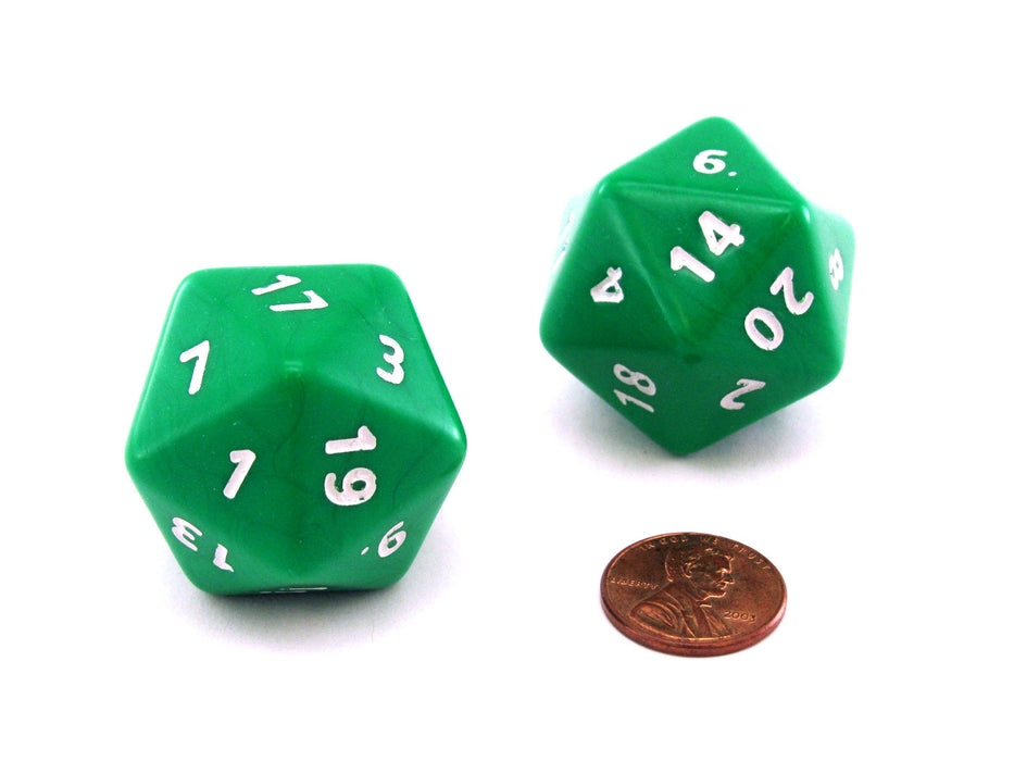 Opaque Jumbo 20 Sided D20 Chessex Dice, 2 Pieces - Green with White Numbers