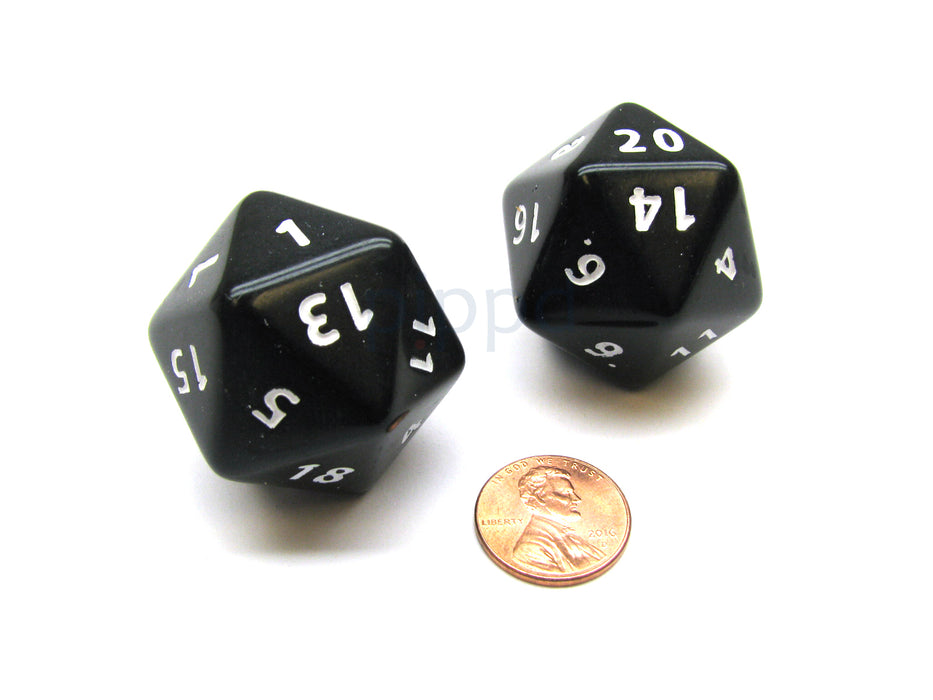 Opaque Jumbo 20 Sided D20 Chessex Dice, 2 Pieces - Black with White Numbers