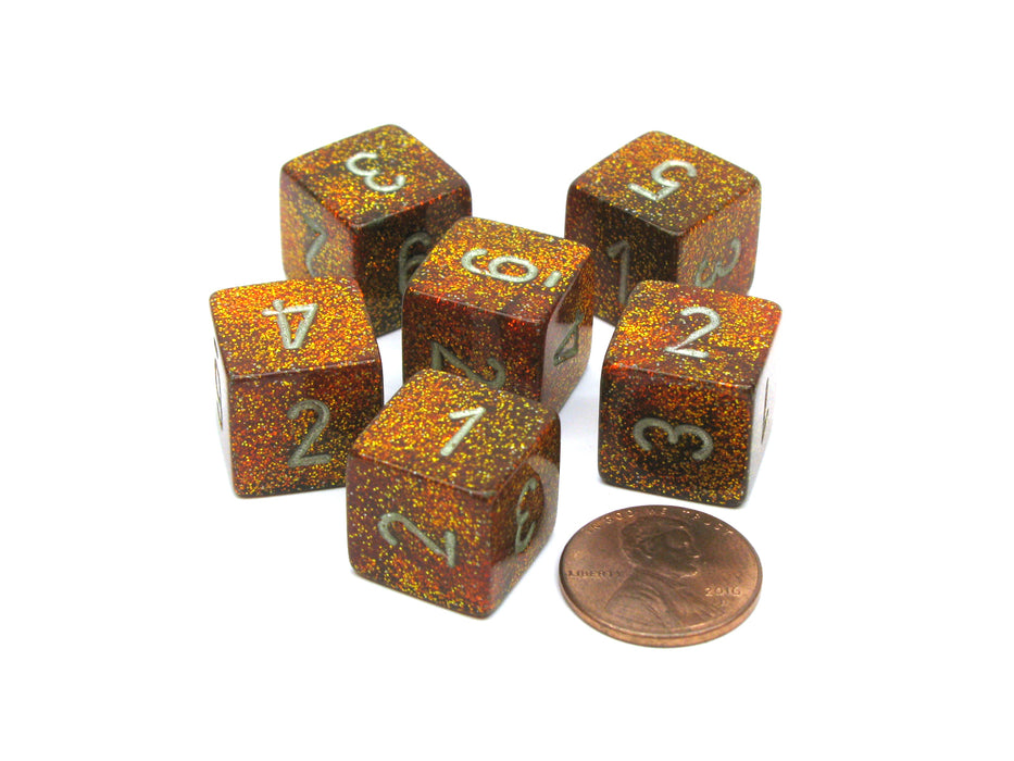 Glitter 15mm 6 Sided D6 Chessex Dice, 6 Pieces - Gold with Silver Numbers