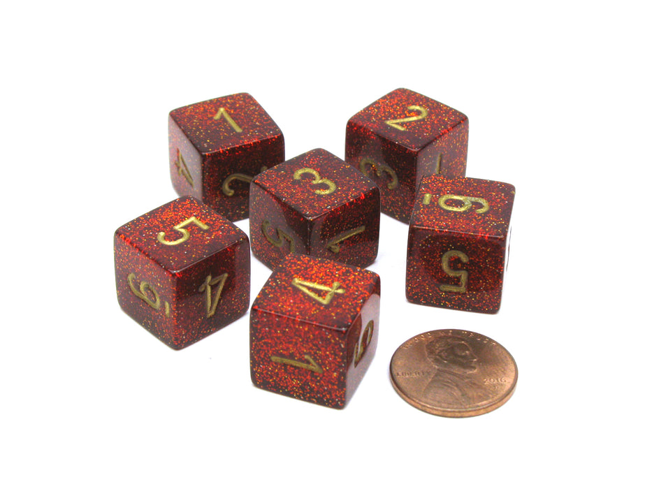 Glitter 15mm D6 Polyhedral Chessex Dice, 6 Pieces - Ruby with Gold Numbers