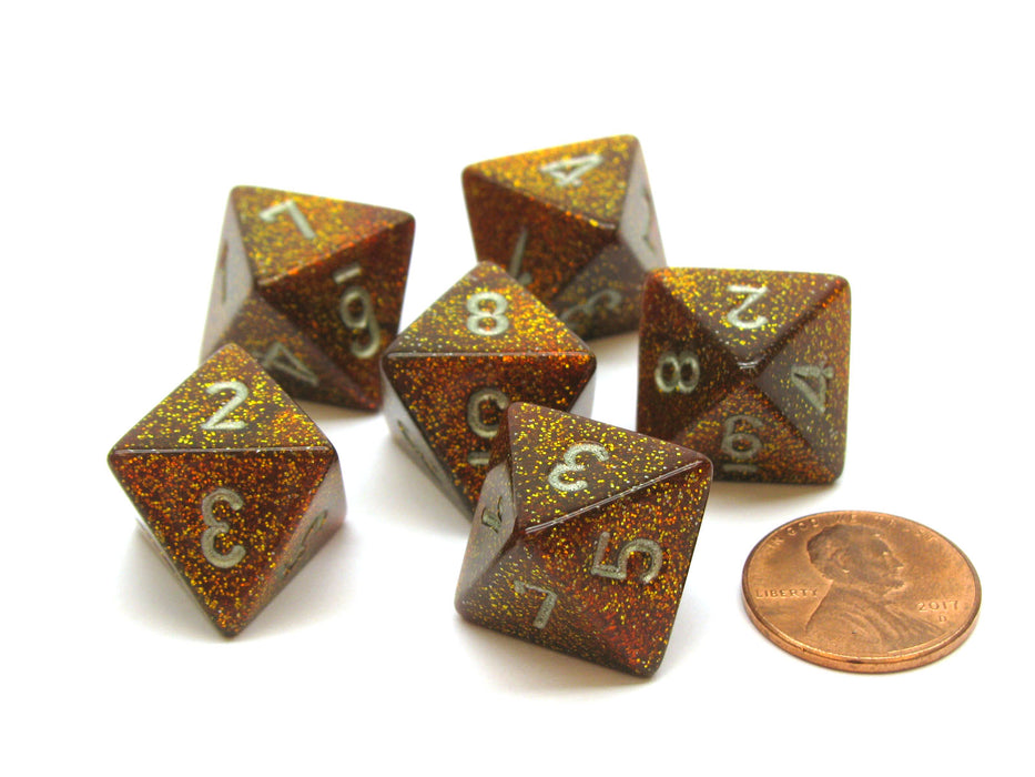Glitter 15mm 8 Sided D8 Chessex Dice, 6 Pieces - Gold with Silver