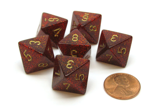 Glitter 15mm 8 Sided D8 Chessex Dice, 6 Pieces - Ruby with Gold