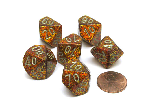 Glitter 16mm Tens D10 (00-90) Chessex Dice, 6 Pieces - Gold with Silver Numbers