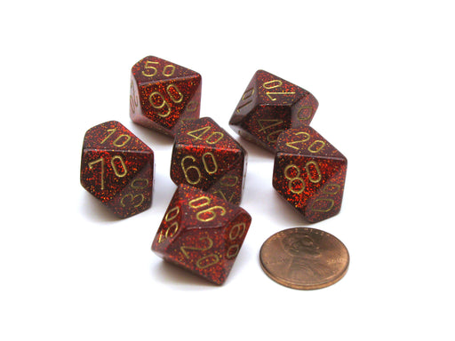 Glitter 16mm Tens D10 (00-90) Chessex Dice, 6 Pieces - Ruby with Gold Numbers