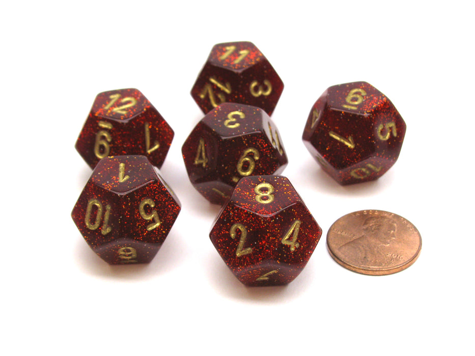 Glitter 18mm 12 Sided D12 Chessex Dice, 6 Pieces - Ruby with Gold