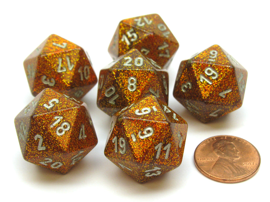 Glitter 20mm 20 Sided D20 Chessex Dice, 6 Pieces - Gold with Silver Numbers