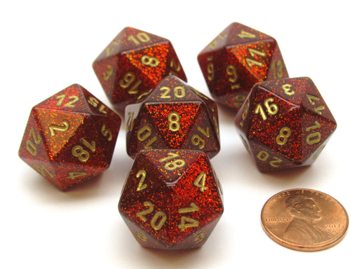 Glitter 20mm 20 Sided D20 Chessex Dice, 6 Pieces - Ruby with Gold Numbers