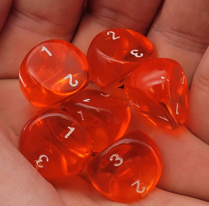 D3 Dice, Translucent 3-Sided Dice, 6 Pieces - Orange with White Numbers