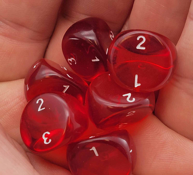 D3 Dice, Translucent 3-Sided Dice, 6 Pieces - Red with White Numbers