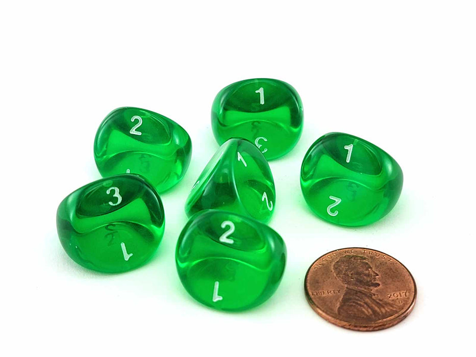 D3 Dice, Translucent 3-Sided Dice, 6 Pieces - Green with White Numbers