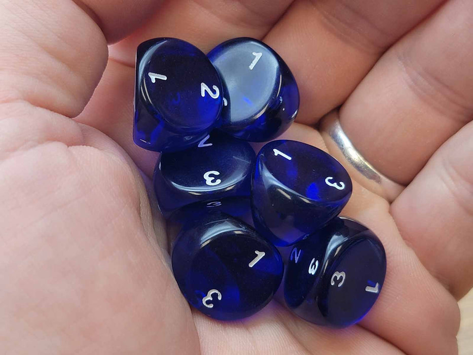 D3 Dice, Translucent 3-Sided Dice, 6 Pieces - Blue with White Numbers