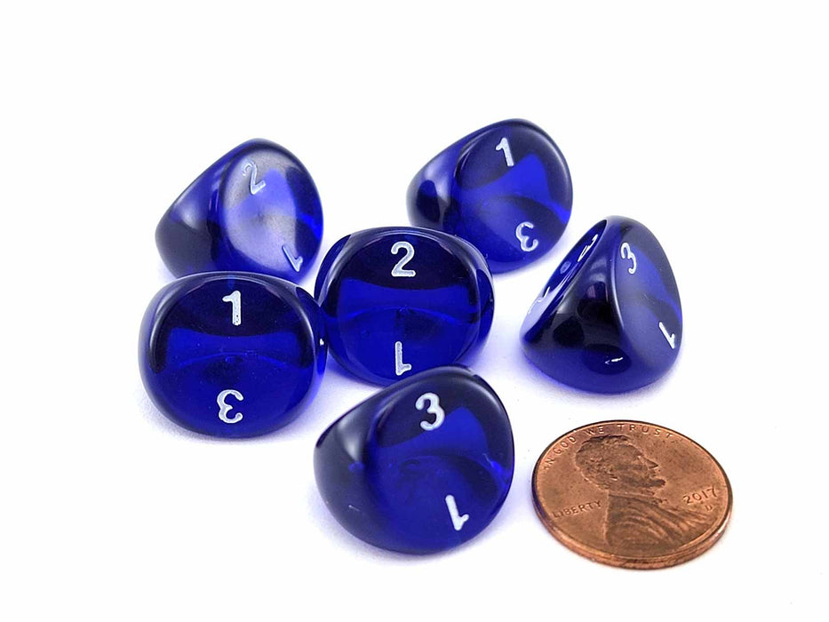 D3 Dice, Translucent 3-Sided Dice, 6 Pieces - Blue with White Numbers