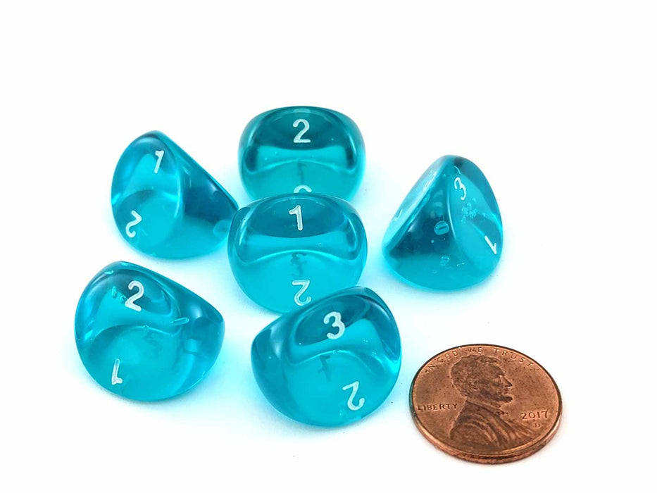 D3 Dice, Translucent 3-Sided Dice, 6 Pieces - Teal with White Numbers