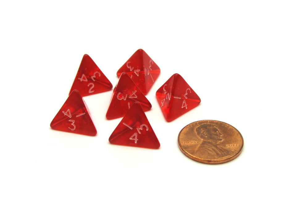Translucent 12mm Mini 4 Sided D4 Chessex Dice, 6 Pieces - Red with White Numbers