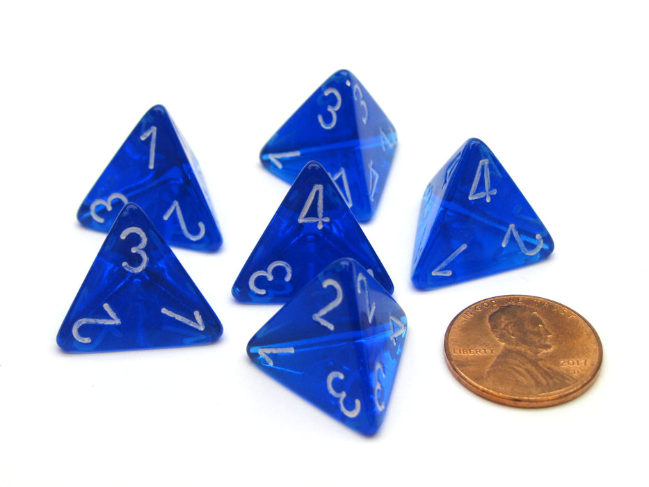Translucent 18mm 4 Sided D4 Chessex Dice, 6 Pieces - Blue with White