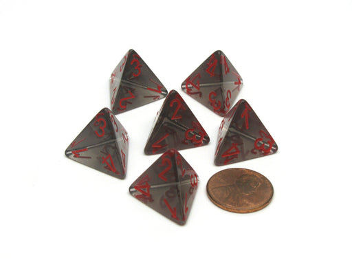 Translucent 18mm 4 Sided D4 Chessex Dice, 6 Pieces - Smoke with Red Numbers